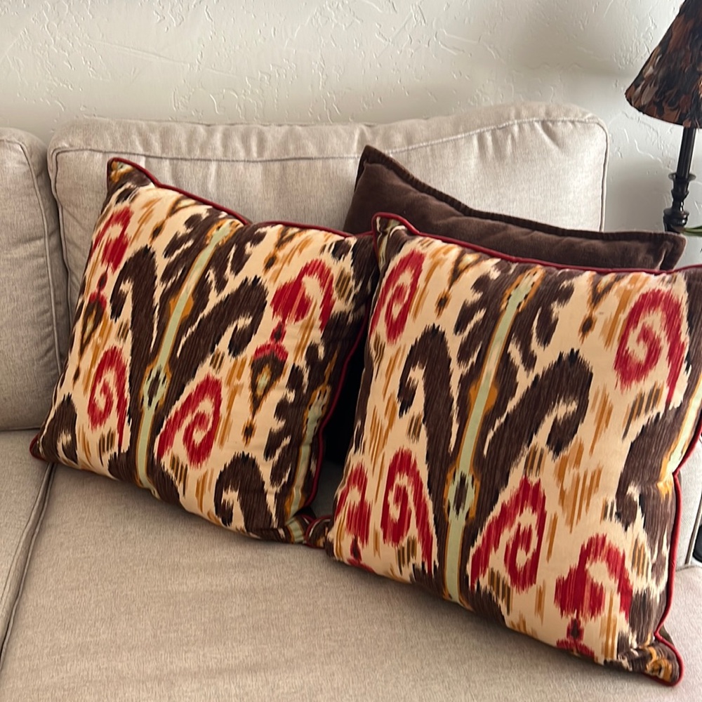 2 Luxury fabric Accent Pillows /solid velvet like material other-side.  19 x19.
